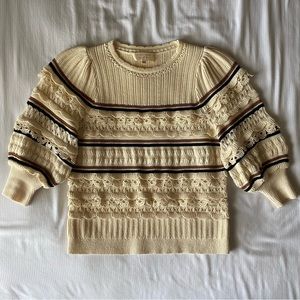 Sezane Cream Lace-Trim Crewneck Sweater with Navy & Brown Stripes